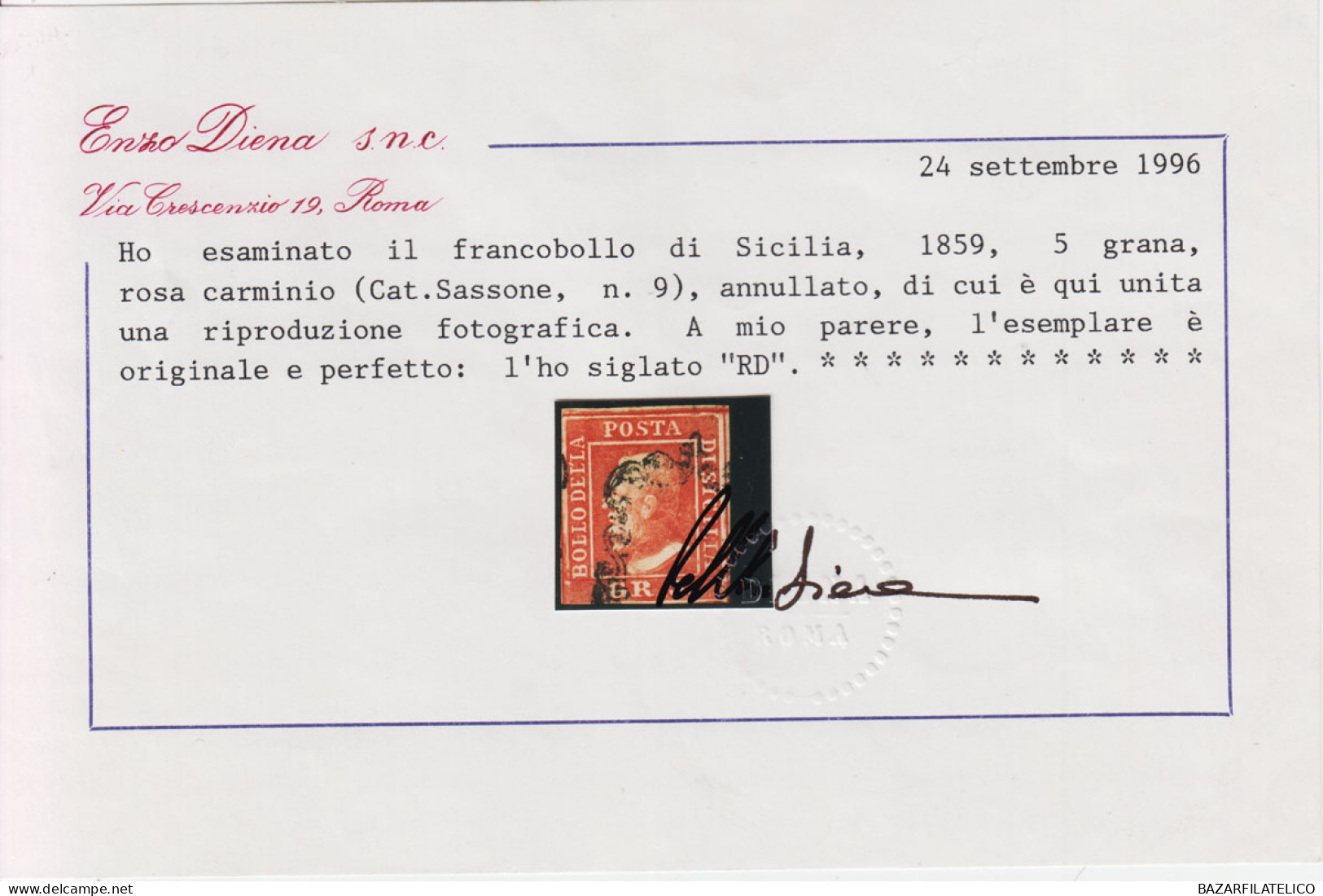 SICILIA 1859 5 GRANA I TAVOLA ROSA CARMINIO N.9 USATO CERT. - Sizilien