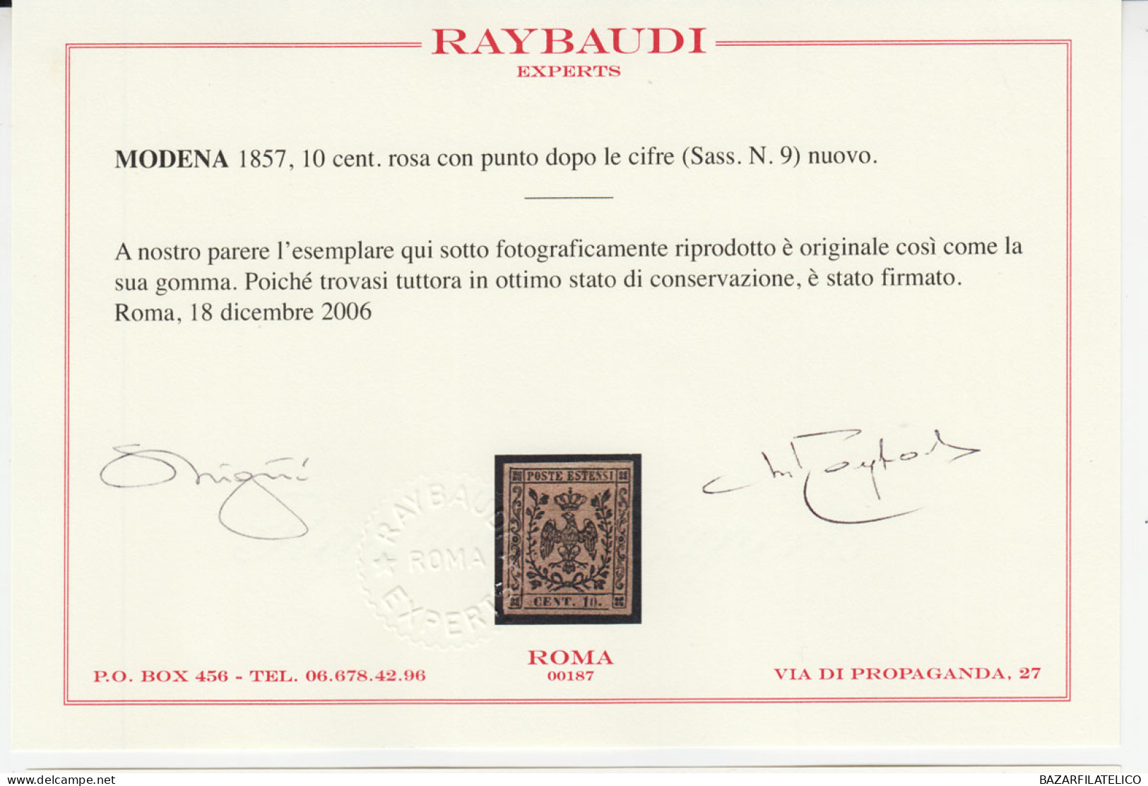 MODENA 1852 AQUILA ESTENSE 10 CENTESIMI N.9 G.O MLH* CERTIFICATO BEN MARGINATO - Modène