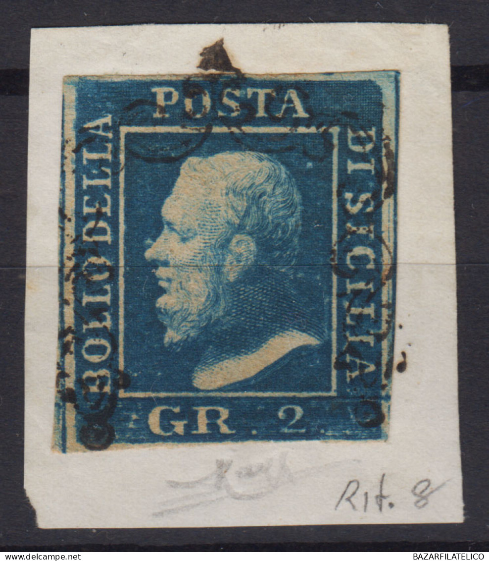 SICILIA 1859 2 GRANA I TAVOLA AZZURRO N.6a CON RITOCCO N.8 USATO CERT. - Sicilië