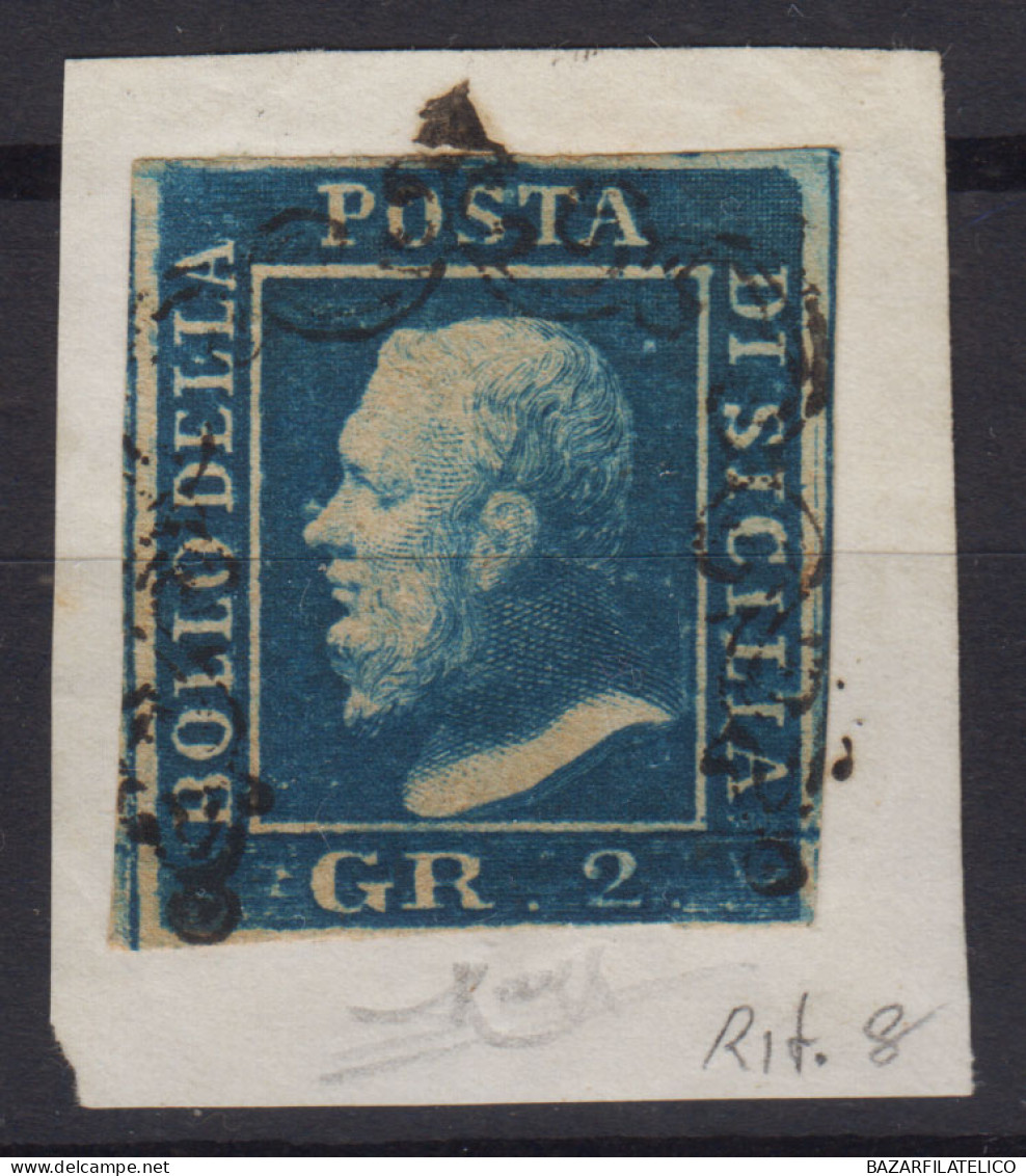 SICILIA 1859 2 GRANA I TAVOLA AZZURRO N.6a CON RITOCCO N.8 USATO CERT. - Sicilia