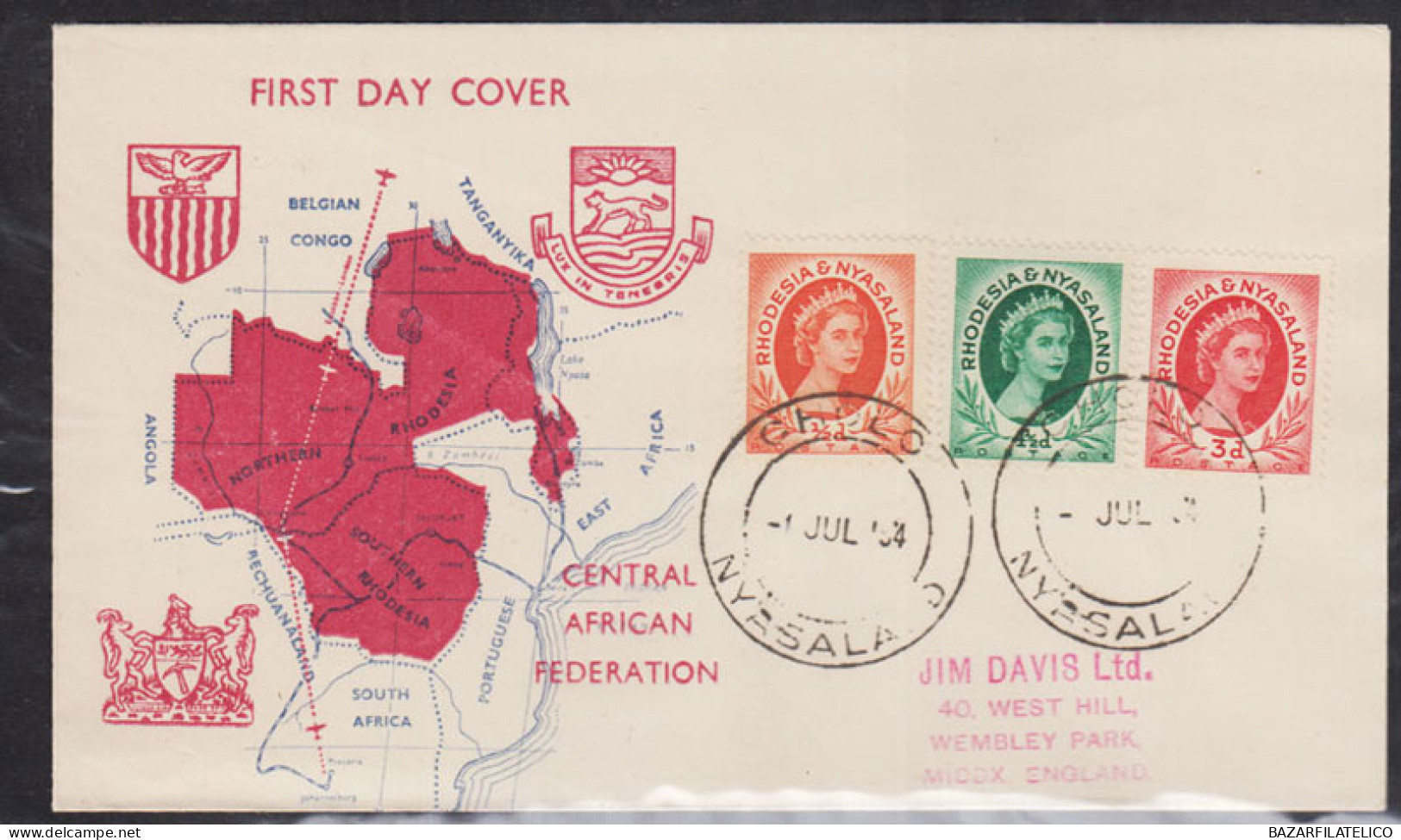 COLONIE INGLESI RHODESIA E NYASALAND 1954 REGINA ELISABETTA 3 V. SU BUSTA FDC - 1952-1971 Pre-Decimal Issues