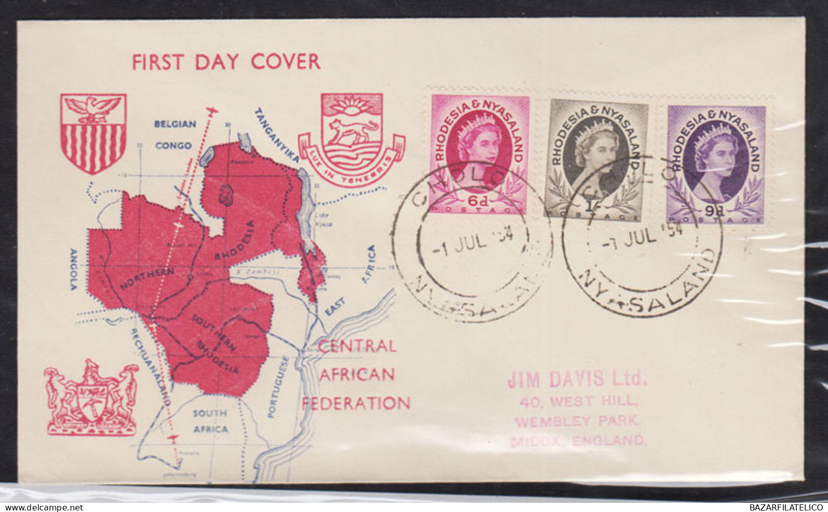 COLONIE INGLESI RHODESIA E NYASALAND 1954 REGINA ELISABETTA 3 V. SU BUSTA FDC - 1952-1971 Pre-Decimal Issues