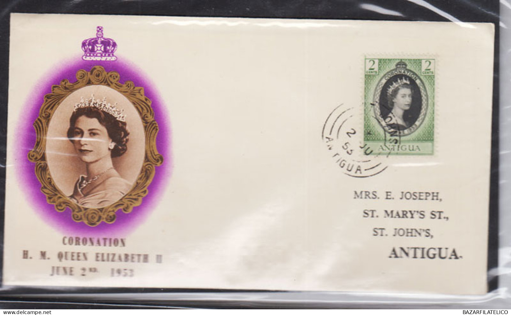 COLONIE INGLESI ANTIGUA 1953 INCORONAZIONE REGINA 2 C. SU BUSTA FDC - 1952-1971 Pre-Decimal Issues