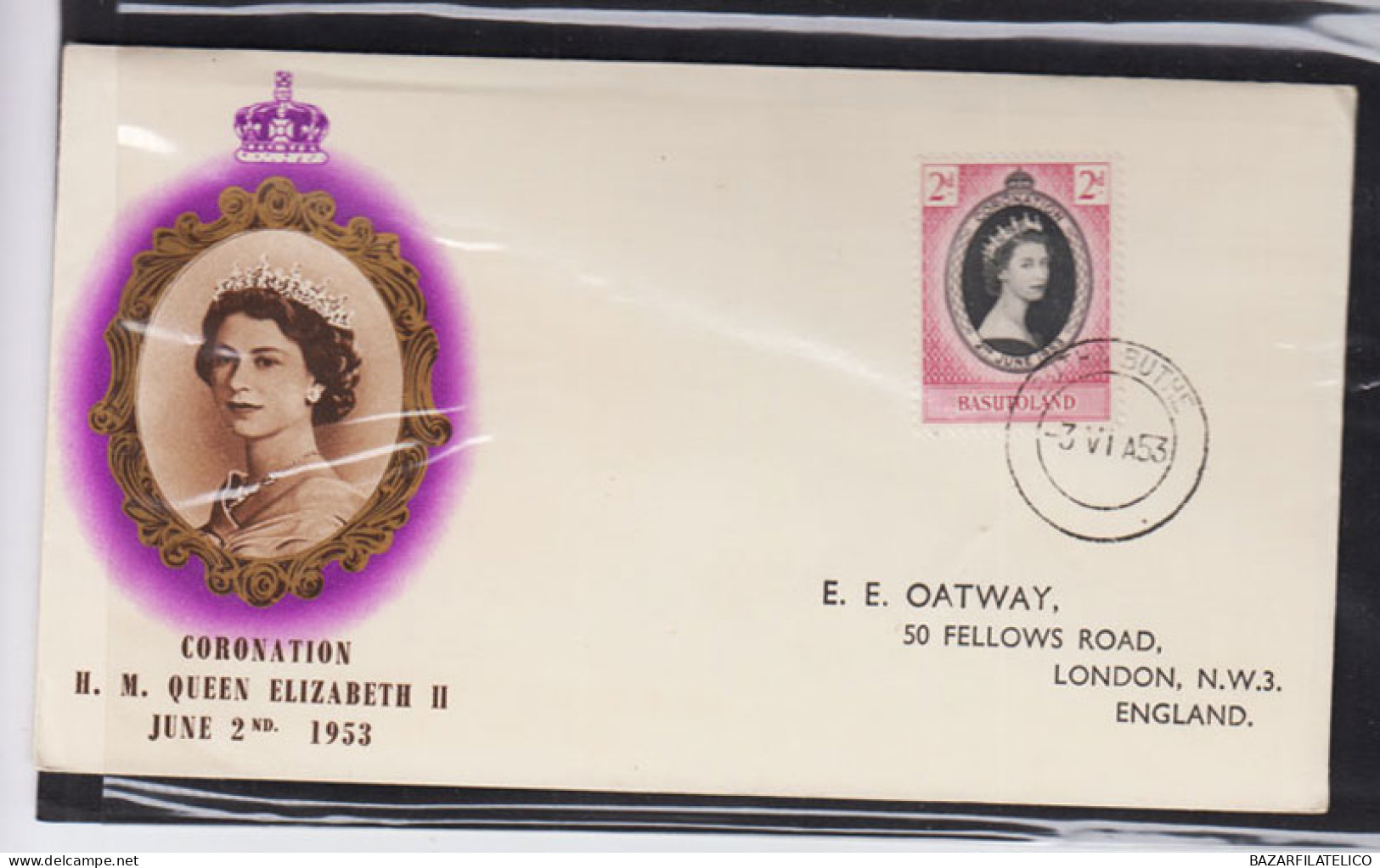 COLONIE INGLESI BASUTOLAND 1953 INCORONAZIONE REGINA 2 D. SU BUSTA FDC - 1952-1971 Pre-Decimal Issues