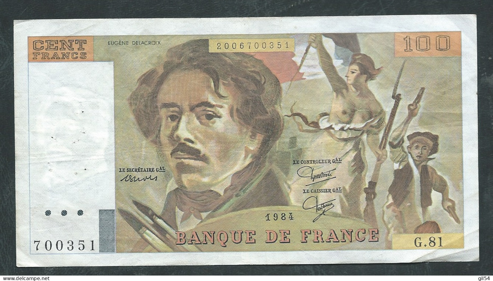 FRANCE  -Billet 100 Francs Eugéne Delacroix 1984  --   700351 G.81  Laura 11907 - 100 F 1978-1995 ''Delacroix''