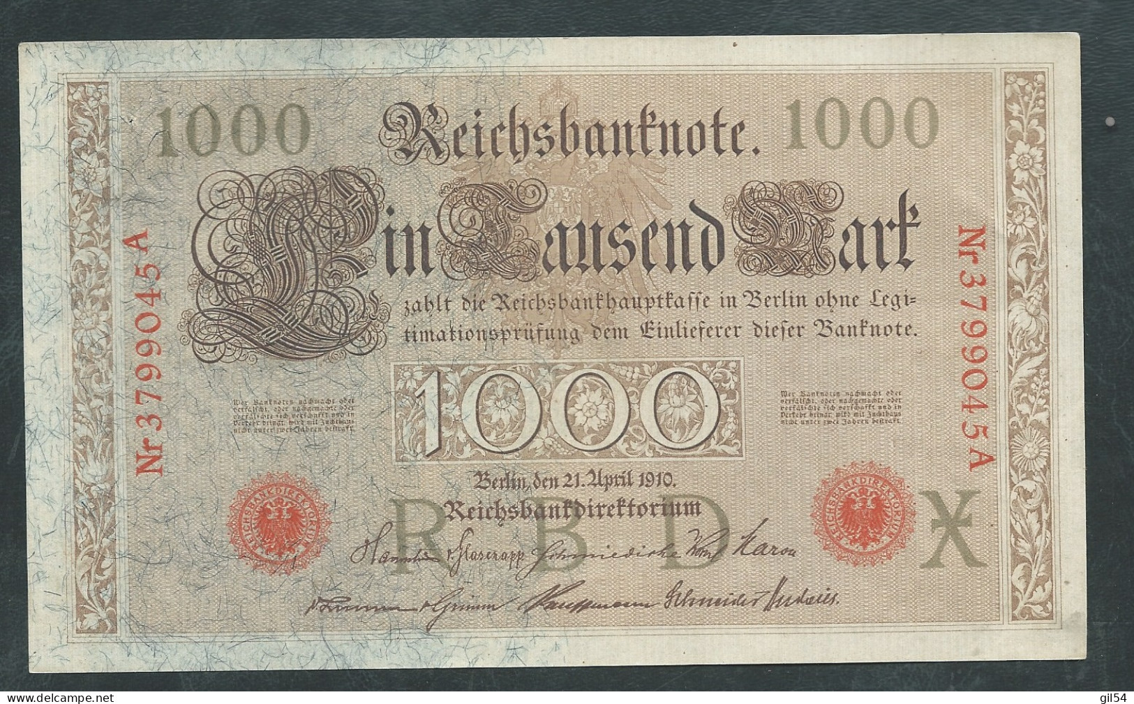 ALLEMAGNE - REICHSBANKNOTE - 1.000 MARK . 21-4-1910  Nr 3799045A  Laura 11915 - 1.000 Mark