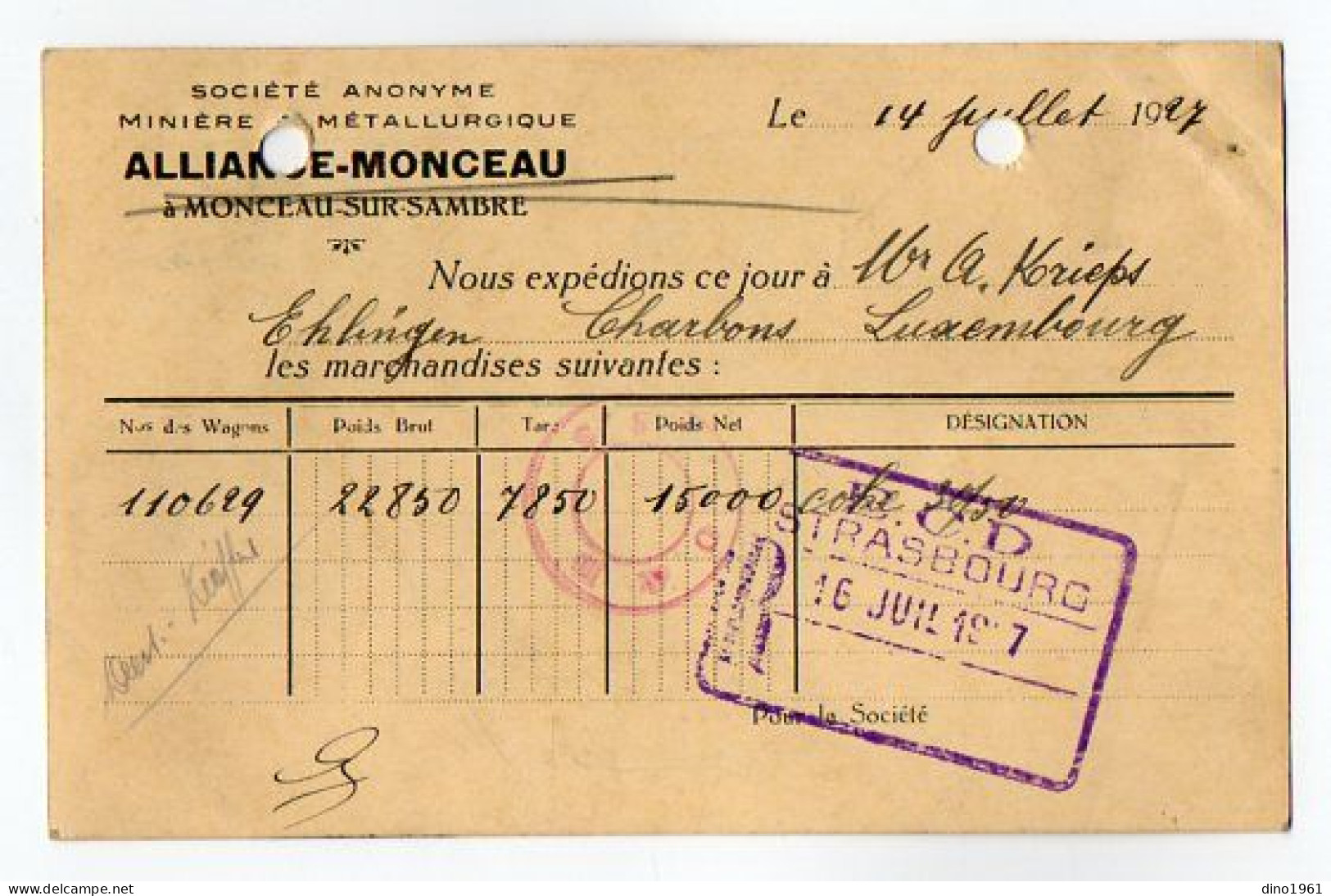 TB 4397 - CHARLEROI 1927 - Carte - Sté Minière Métallurgique ALLIANCE - MONCEAU à MONCEAU - SUR -SAMBRE Pour STRASBOURG - 1922-1927 Houyoux