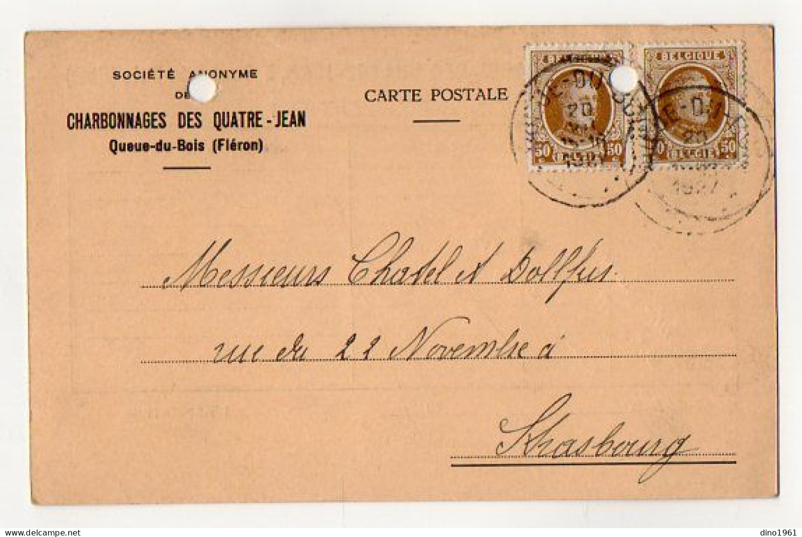 TB 4399 - 1927 - Avis D'Expédition - Sté Des Charbonnages Des Quatre - Jean, à Queue Du Bois ( FLERON ) Pour STRASBOURG - 1922-1927 Houyoux