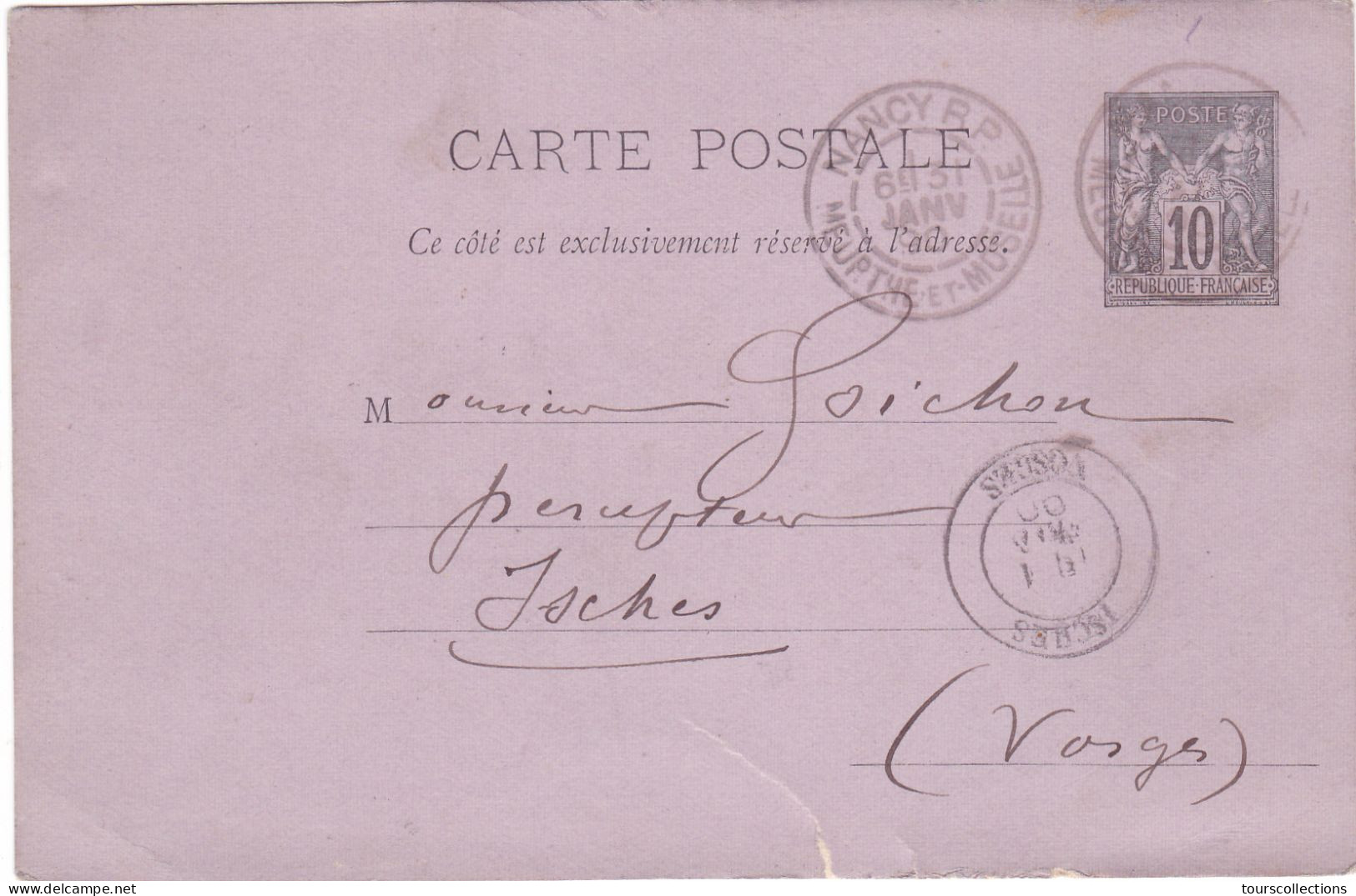 ENTIER POSTAL CARTE POSTALE De 1890 Cachet NANCY à ISCHES Vosges - Journal L'Est Républicain à Goichon Percepteur Impôts - Cartes Précurseurs