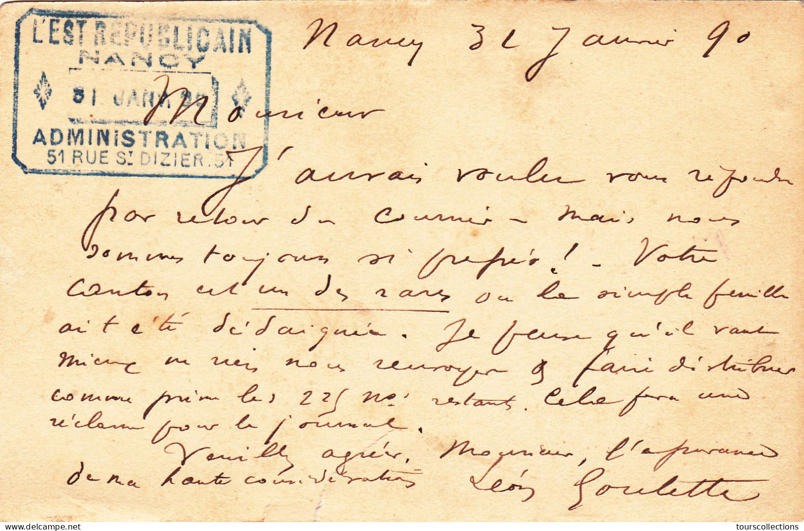 ENTIER POSTAL CARTE POSTALE De 1890 Cachet NANCY à ISCHES Vosges - Journal L'Est Républicain à Goichon Percepteur Impôts - Cartes Précurseurs
