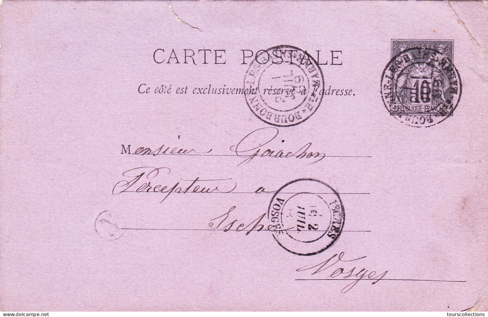 ENTIER POSTAL CARTE POSTALE De 1889 Cachet Bourbonne 52 à ISCHES Vosges - Gachon Félix à Goichon Percepteur Impôts - Cartes Précurseurs