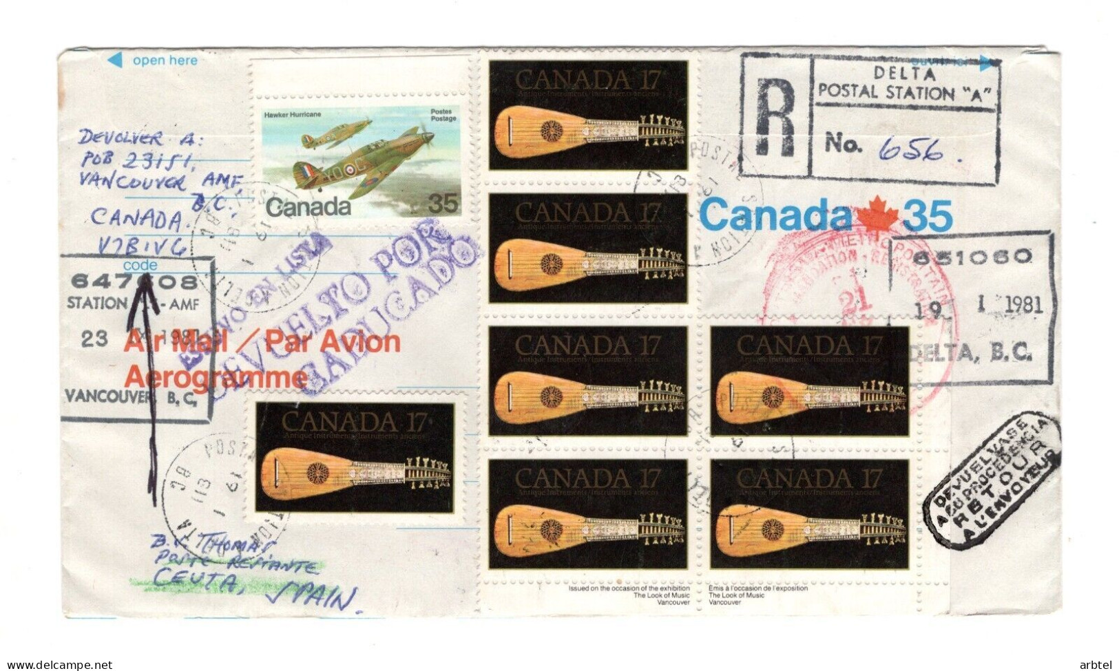 CANADA A CEUTA CERTIFICADA CON MAT LLEGADA MARCAS DEVOLUCION Y LISTA - Storia Postale