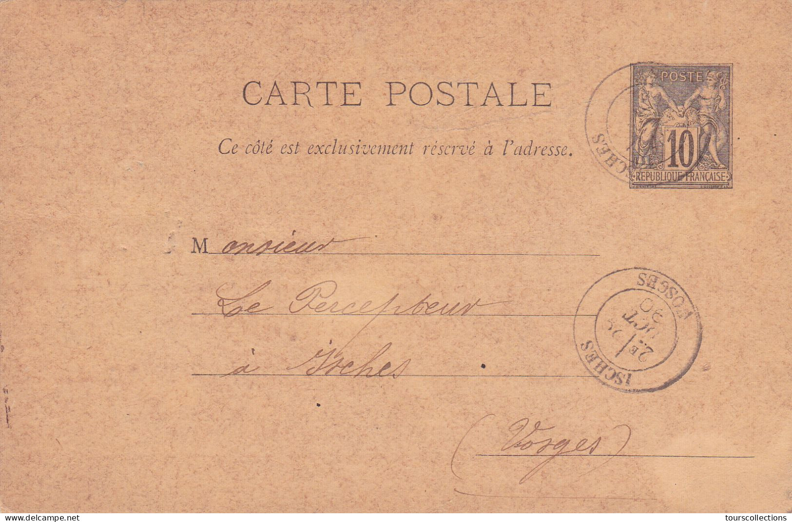 ENTIER POSTAL SAGE CARTE POSTALE De 1890 Cachet Isches à ISCHES 88 Vosges - à Goichon Percepteur Impôts - Cartes Précurseurs