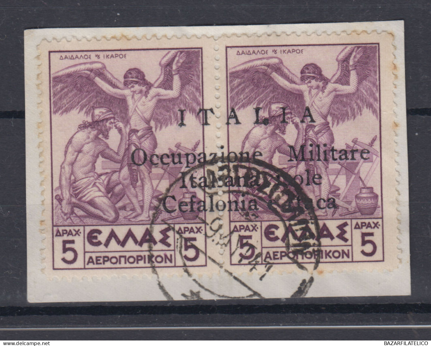 CEFALONIA E ITACA EMISSIONE DI ARGOSTOLI 1941 P/A MITOLOGICA 5 + 5 D. N.4 USATA - Cefalonia & Itaca