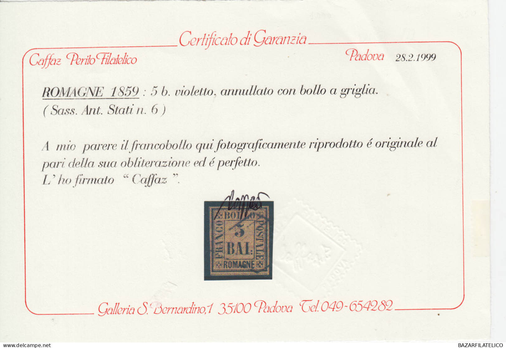 ROMAGNE 1859 5 BAJOCCHI VIOLETTO N.6 USATO BEN MARGINATO CERT. CAFFAZ - Romagna
