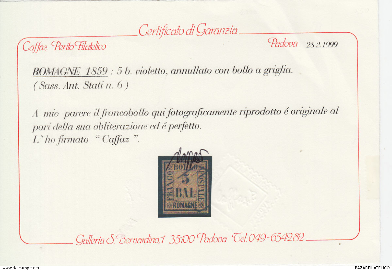 ROMAGNE 1859 5 BAJOCCHI VIOLETTO N.6 USATO BEN MARGINATO CERT. CAFFAZ - Romagne