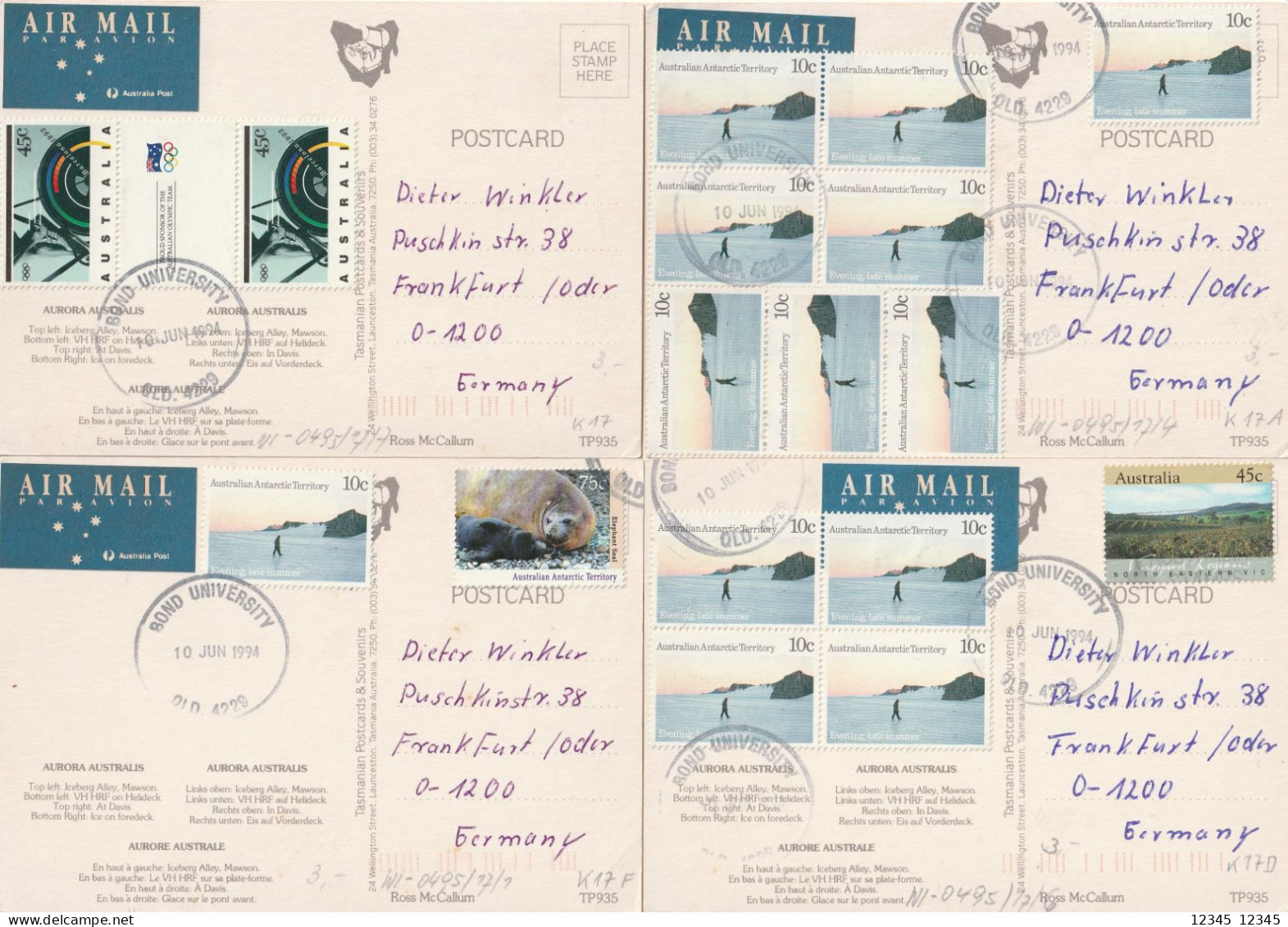 Australisch Antarctica 1994, 4 Same Cards, Stamped Bond University - Briefe U. Dokumente