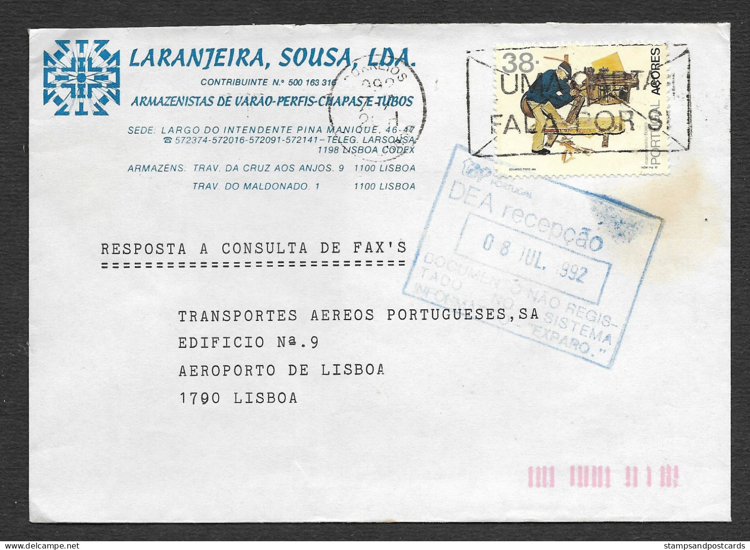Portugal Lettre 1992 Avec  Marque De Salle De Courrier De TAP Transport Aérien Portugais Mailroom Mark Airline Cover - Cartas & Documentos