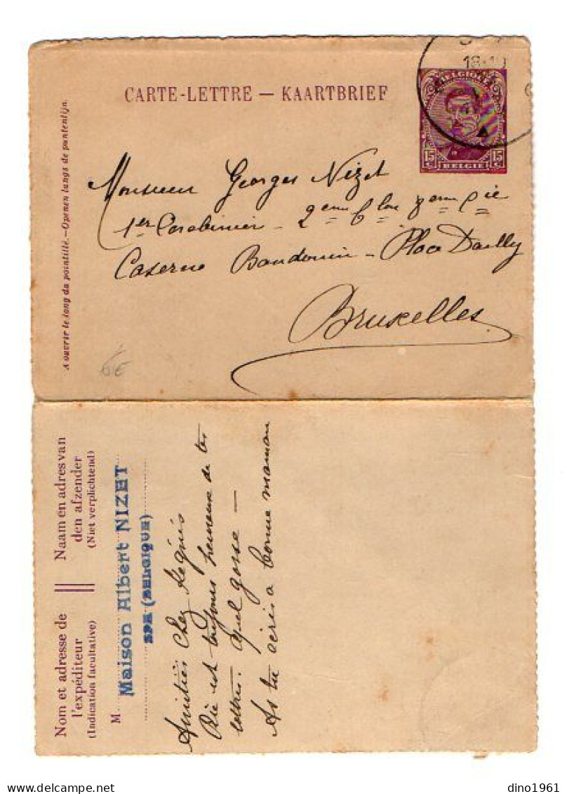 TB 4402 - 1920 - Entier Postal - Carte Lettre - Maison NIZET à SPA Pour M.NIZET Carabinier Caserne Baudouin à BRUXELLES - Cartas-Letras