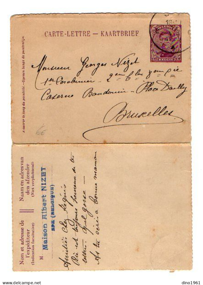 TB 4402 - 1920 - Entier Postal - Carte Lettre - Maison NIZET à SPA Pour M.NIZET Carabinier Caserne Baudouin à BRUXELLES - Cartes-lettres