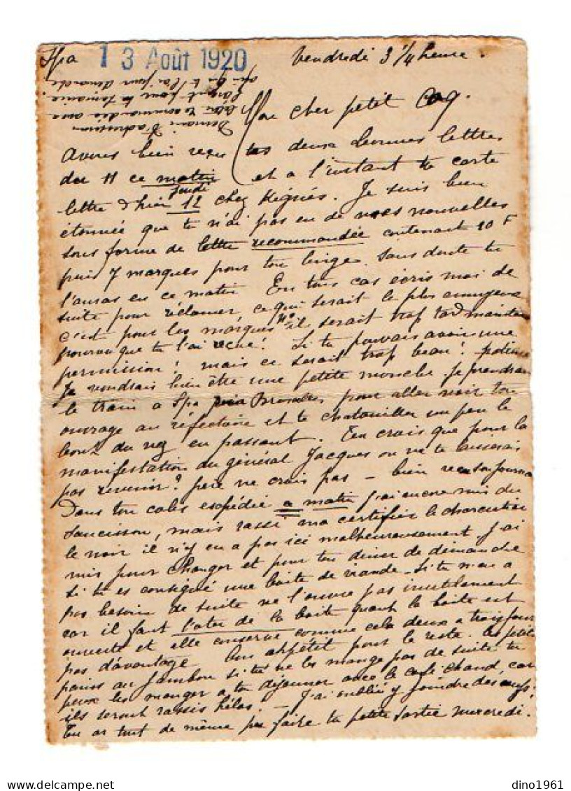 TB 4402 - 1920 - Entier Postal - Carte Lettre - Maison NIZET à SPA Pour M.NIZET Carabinier Caserne Baudouin à BRUXELLES - Letter-Cards