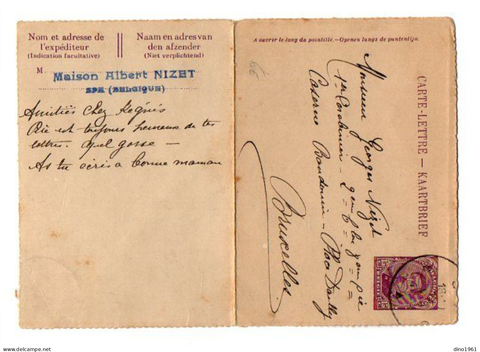 TB 4402 - 1920 - Entier Postal - Carte Lettre - Maison NIZET à SPA Pour M.NIZET Carabinier Caserne Baudouin à BRUXELLES - Postbladen