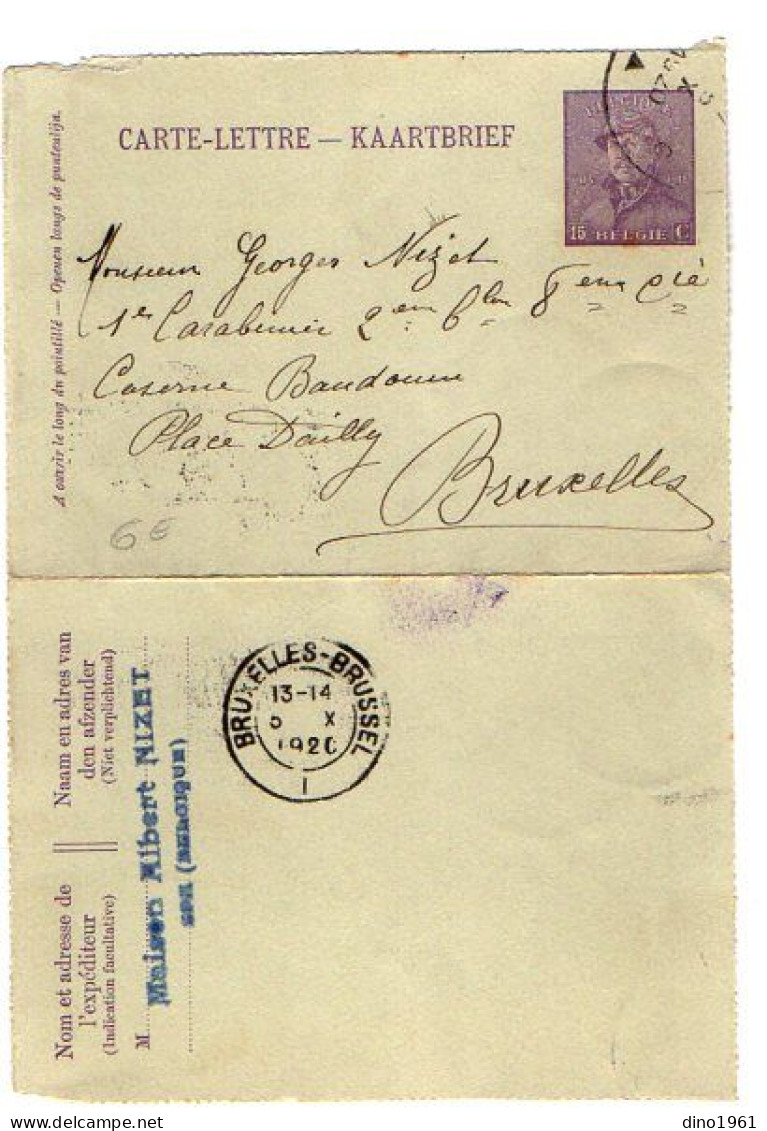 TB 4403 - 1920 - Entier Postal - Carte Lettre - Maison NIZET à SPA Pour M.NIZET Carabinier Caserne Baudouin à BRUXELLES - Carte-Lettere