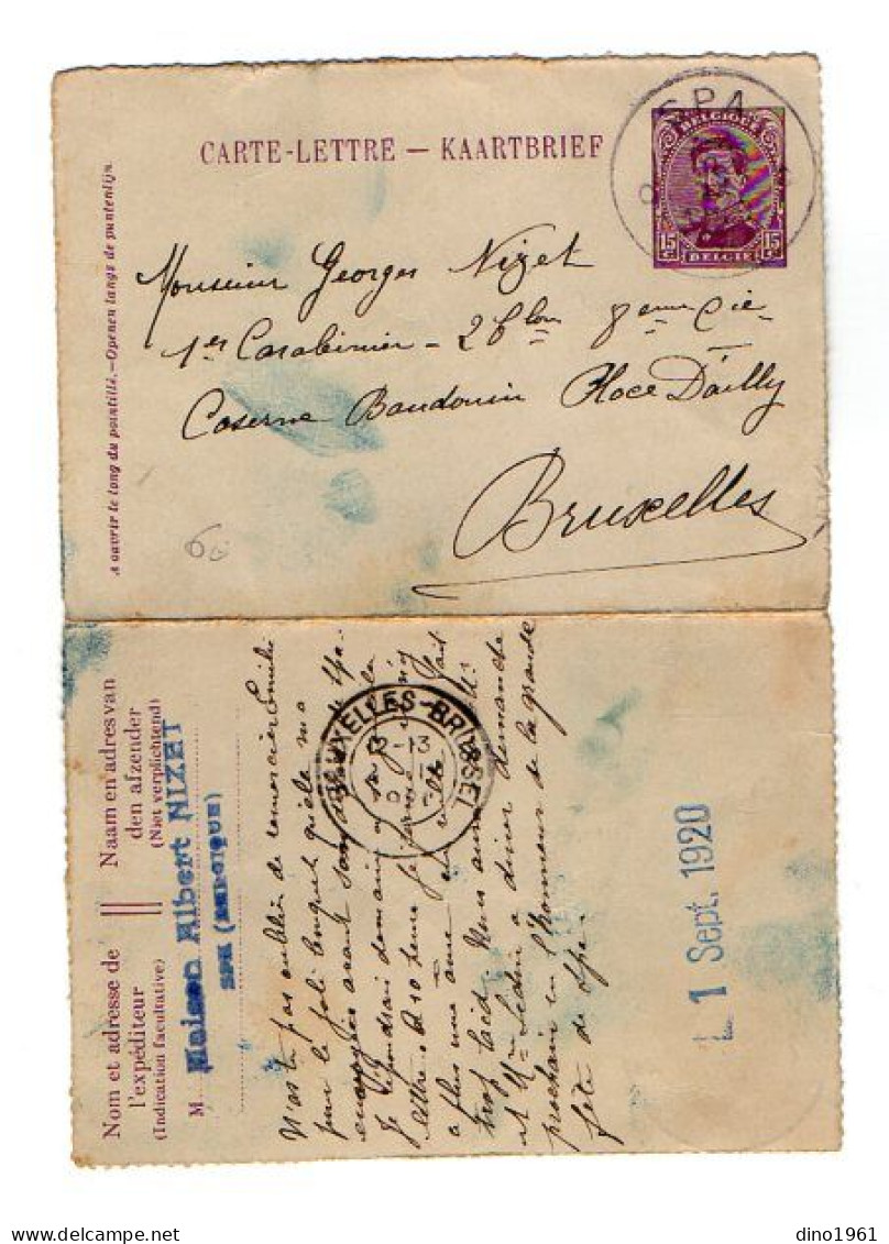 TB 4404 - 1920 - Entier Postal - Carte Lettre - Maison NIZET à SPA Pour M.NIZET Carabinier Caserne Baudouin à BRUXELLES - Kartenbriefe