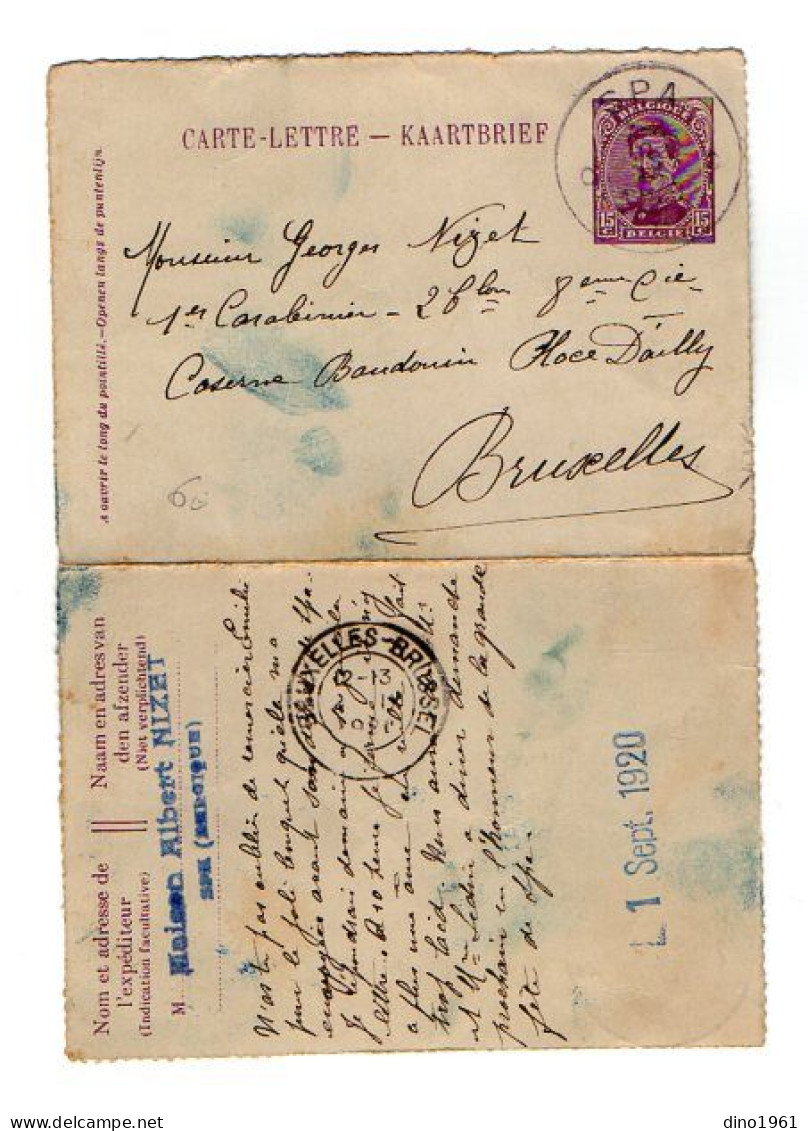 TB 4404 - 1920 - Entier Postal - Carte Lettre - Maison NIZET à SPA Pour M.NIZET Carabinier Caserne Baudouin à BRUXELLES - Letter-Cards