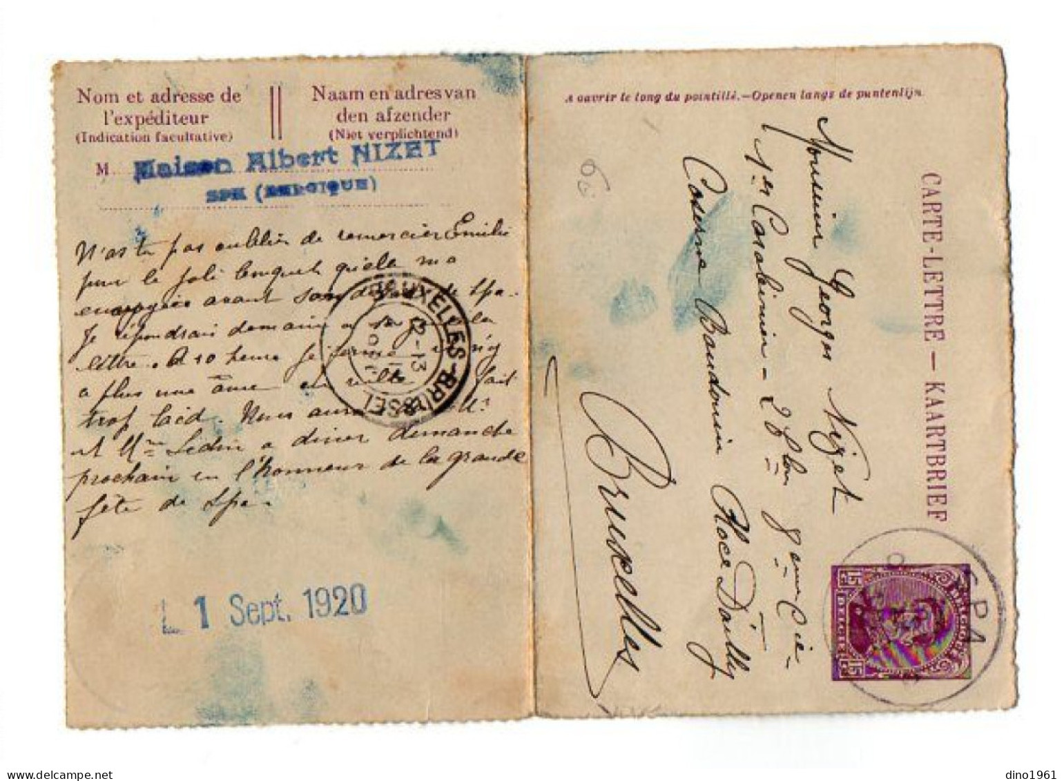 TB 4404 - 1920 - Entier Postal - Carte Lettre - Maison NIZET à SPA Pour M.NIZET Carabinier Caserne Baudouin à BRUXELLES - Cartas-Letras