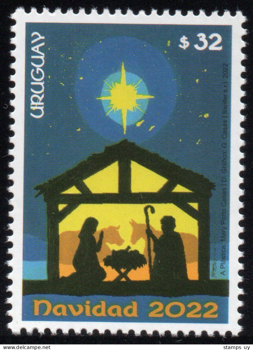 URUGUAY 2022 (Christmas, Christianity, Religion, Nativity Scene, Mary, Joseph, Infant Jesus, Star, Ox, Donkey) - 1 Stamp - Burros Y Asnos