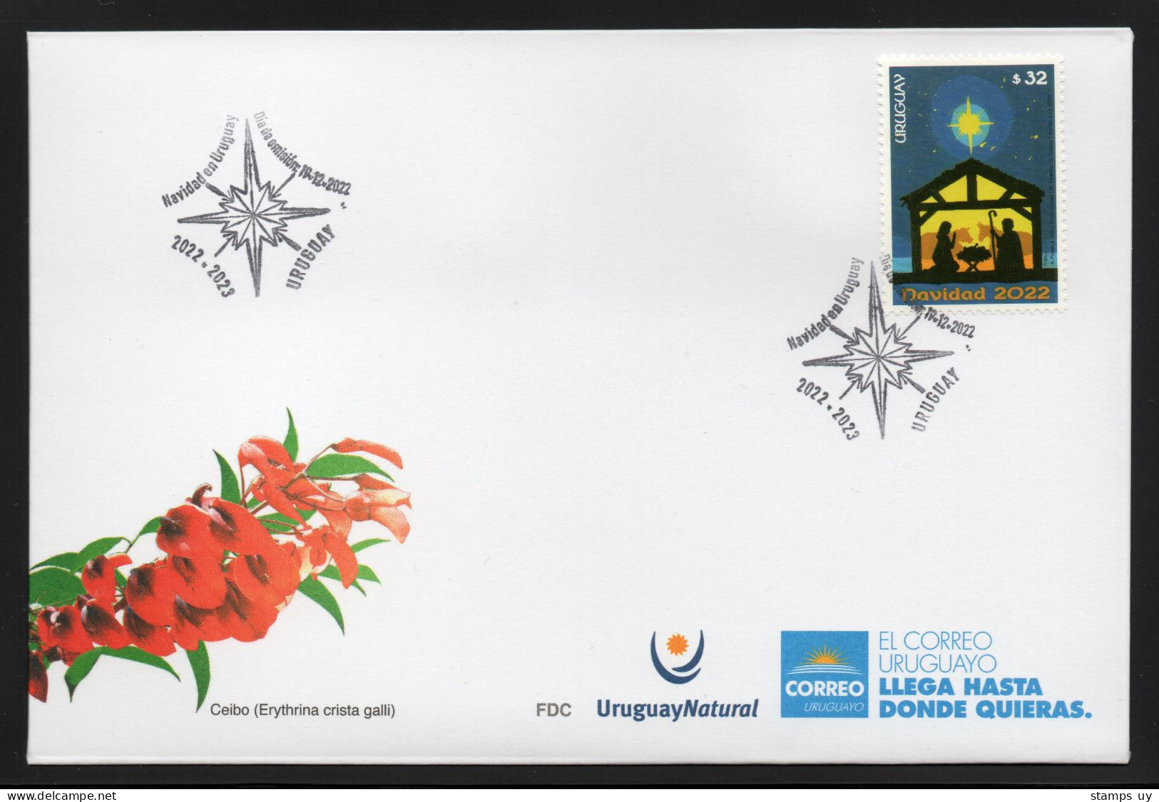 URUGUAY 2022 (Christmas, Christianity, Religions, Nativity Scene, Mary, Joseph, Infant Jesus, Star, Ox, Donkey) - 1 FDC - Anes