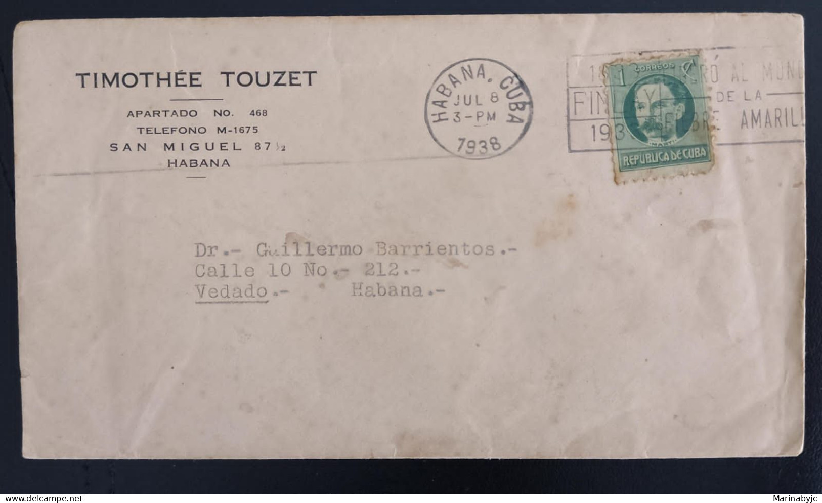 SD)1938. CUBA. JOSE MARTI . CIRCULATED. MEDICAMENT CINDERELLA ON THE REVERSE. CANCELLATION AGAINST YELLOW FEVER. DISCOVE - Collezioni & Lotti