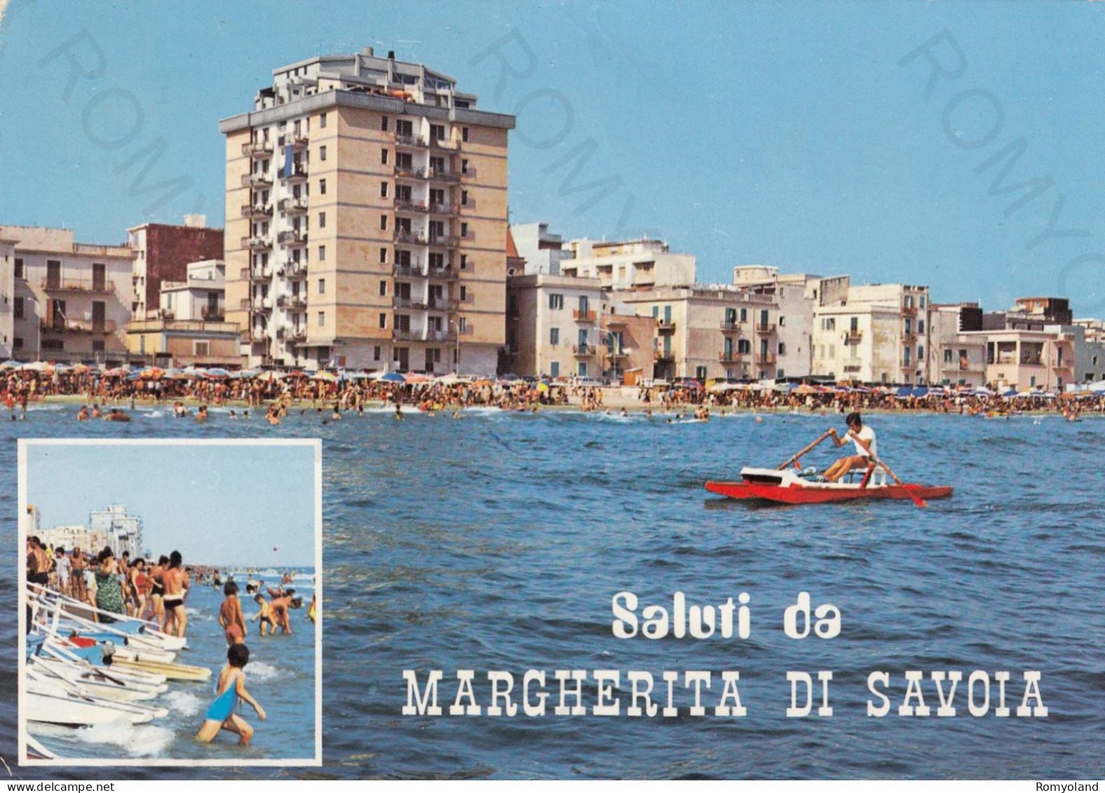 CARTOLINA  MARGHERITA DI SAVOIA,BARLETTA,PUGLIA-SALUTI-SCORCIO PANORAMICO-MARE,SOLE,VACANZA,SPIAGGIA,VIAGGIATA 1976 - Barletta