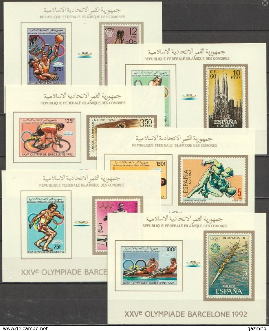 Comores 1988, Olympic Games In Barcellona, Athletic, Tennis, Basketball, Cycling, Fight, Stamp On Stamp, 6BF IMPERFORATE - Lutte