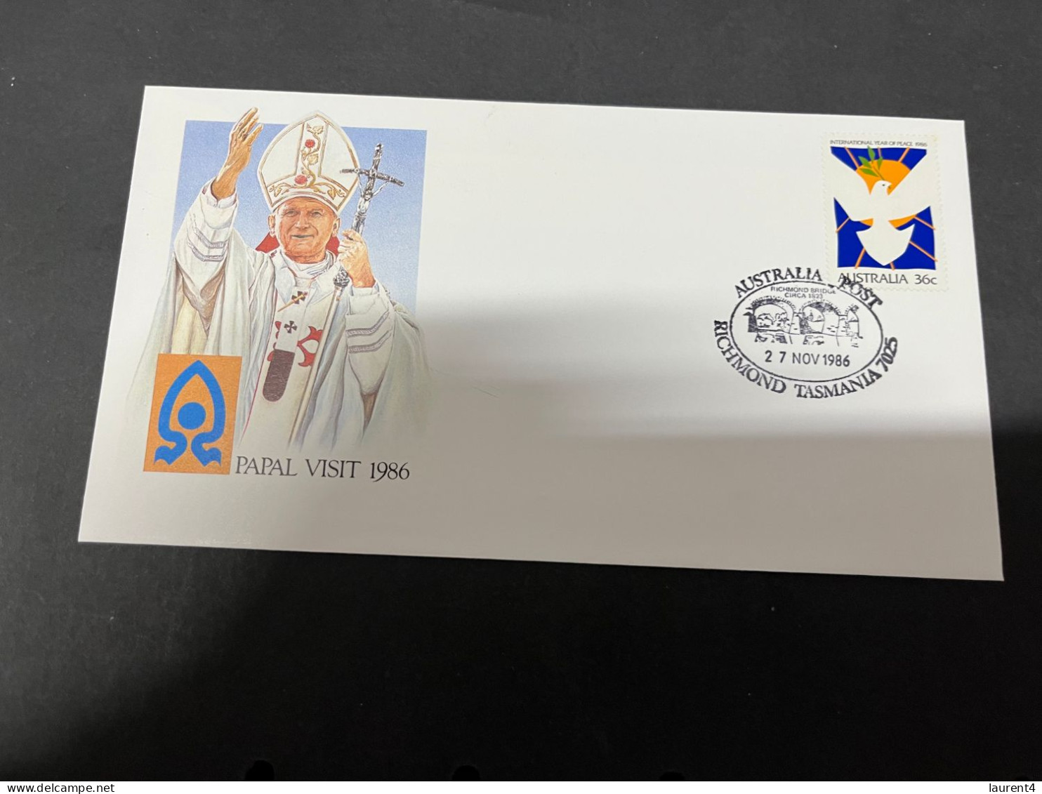 30-9-2023 (2 U 34) Australia FDC - 1986 - Pope John Paul II Visit To Australia (Tasmania Richmond P/m) - Andere & Zonder Classificatie