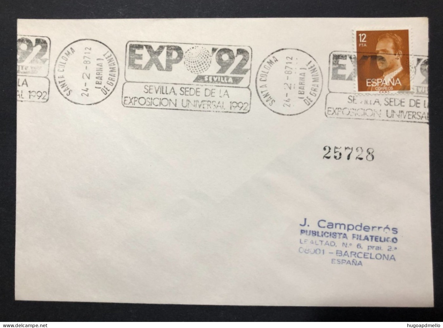 SPAIN, Cover With Special Cancellation « EXPO '92 », « SANTA COLOMA (Barcelona) Postmark », 1987 - 1992 – Séville (Espagne)