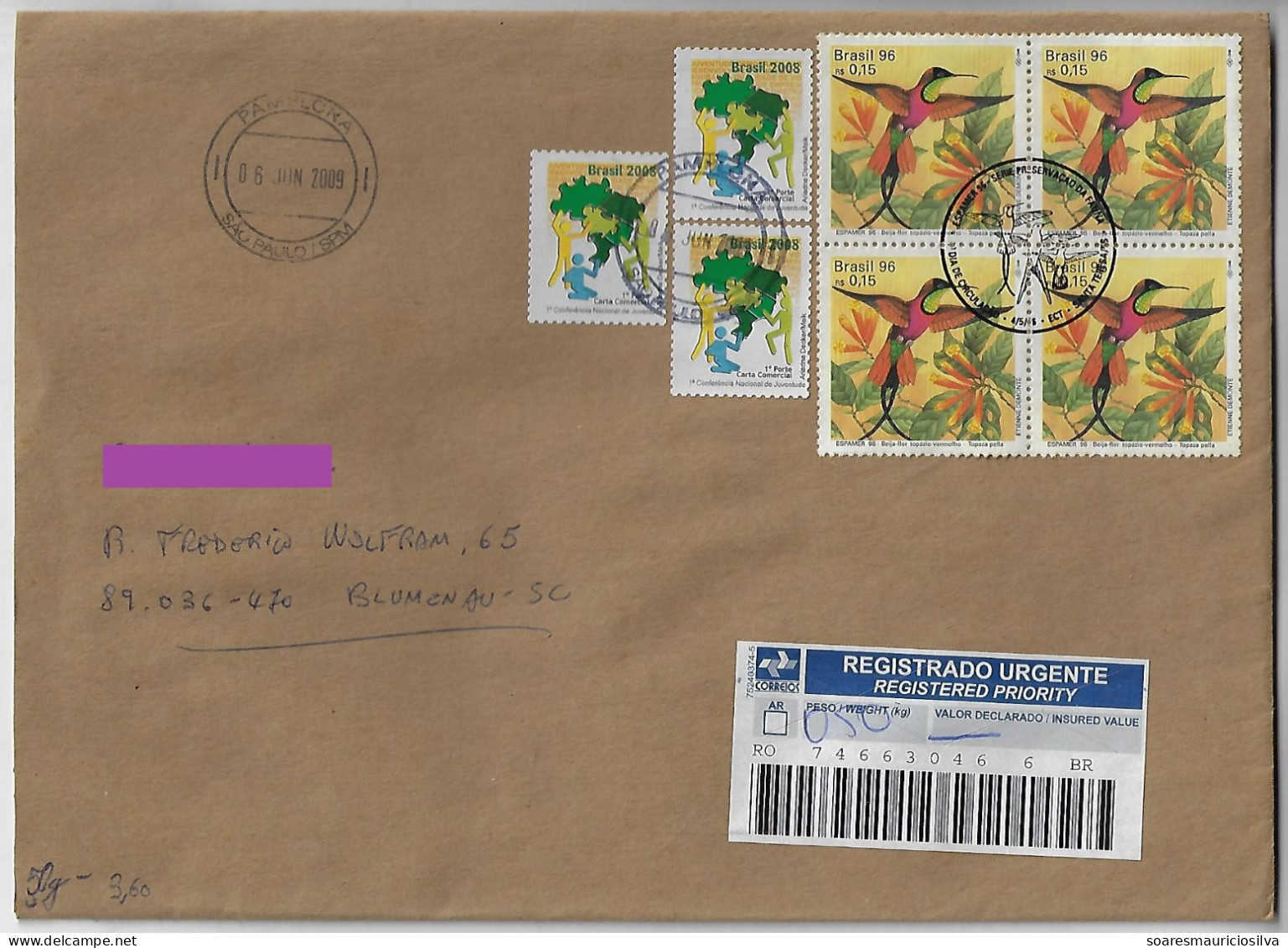 Brazil 2009 Registered Cover From São Paulo Pamplonato Blumenau Stamp Bird Hummingbird + 1st National Youth Conference - Colibris