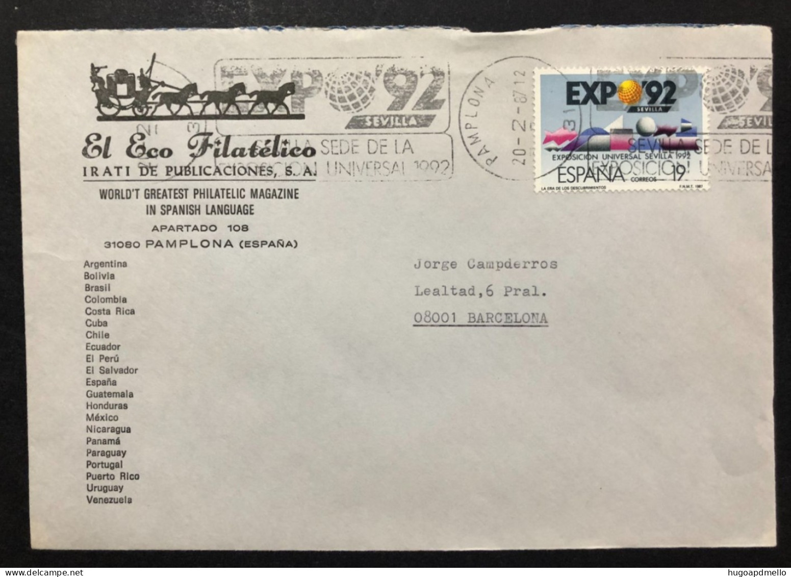 SPAIN, Cover With Special Cancellation « EXPO '92 », « PAMPLONA Postmark », 1987 - 1992 – Sevilla (Spain)