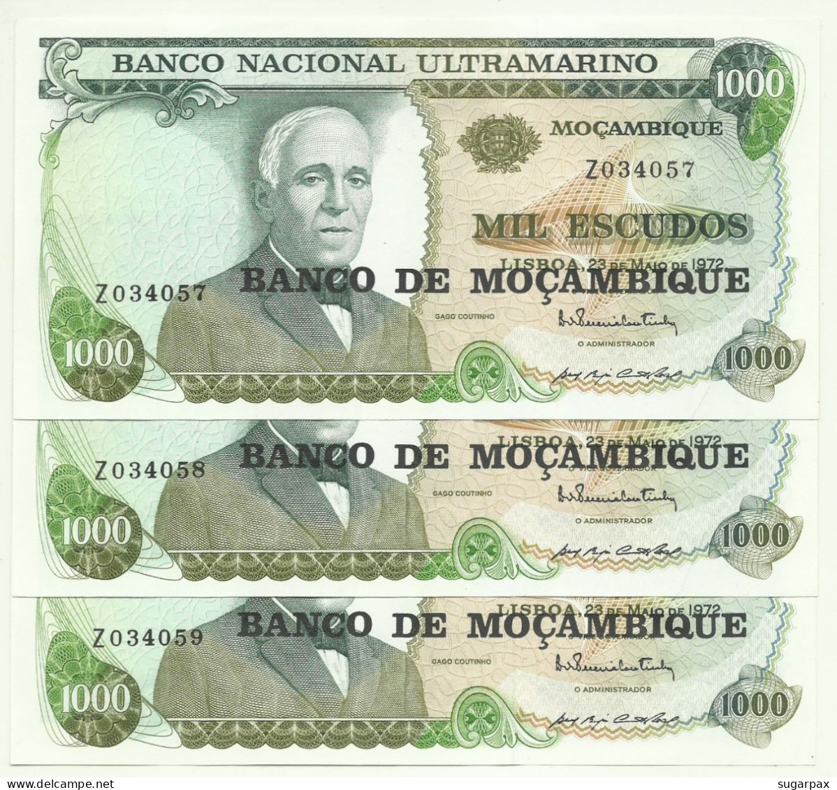 Mozambique - 3x1000 Escudos - 23.05.1972 - P 119 - Unc. / AUnc.  Serie Z ( Replacement ) Gago Coutinho E Sacadura Cabral - Mozambico