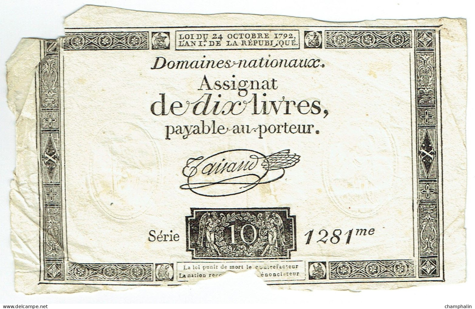 France - Assignat De 10 Livres - 24 Octobre 1792 - Série 1281 - Signature Taisand - Assegnati
