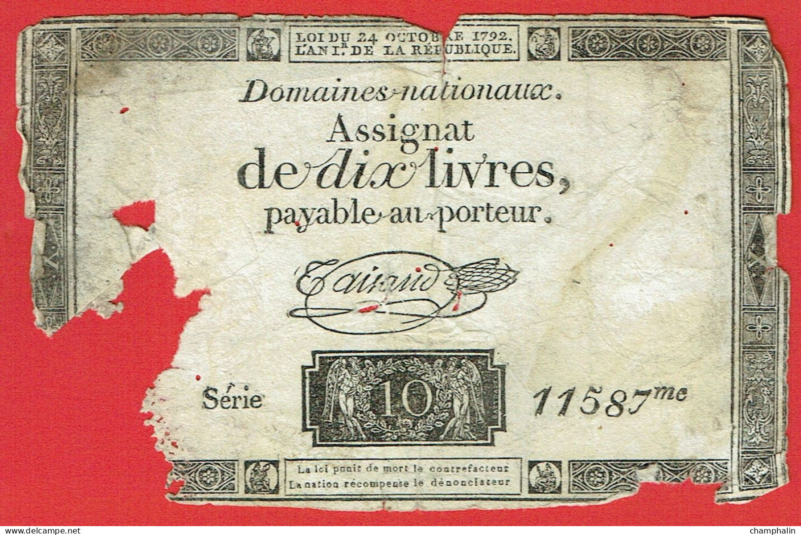 France - Assignat De 10 Livres - 24 Octobre 1792 - Série 11587 - Signature Taisand - Assignate