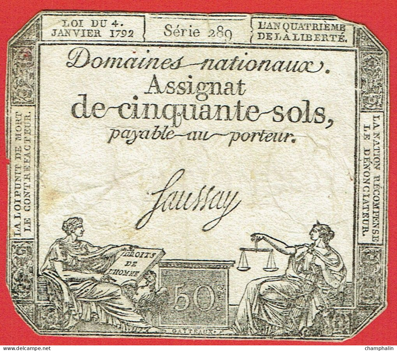 France - Assignat De 50 Sols - 4 Janvier 1792 - Série 289 - Signature Saussay - Assignats & Mandats Territoriaux