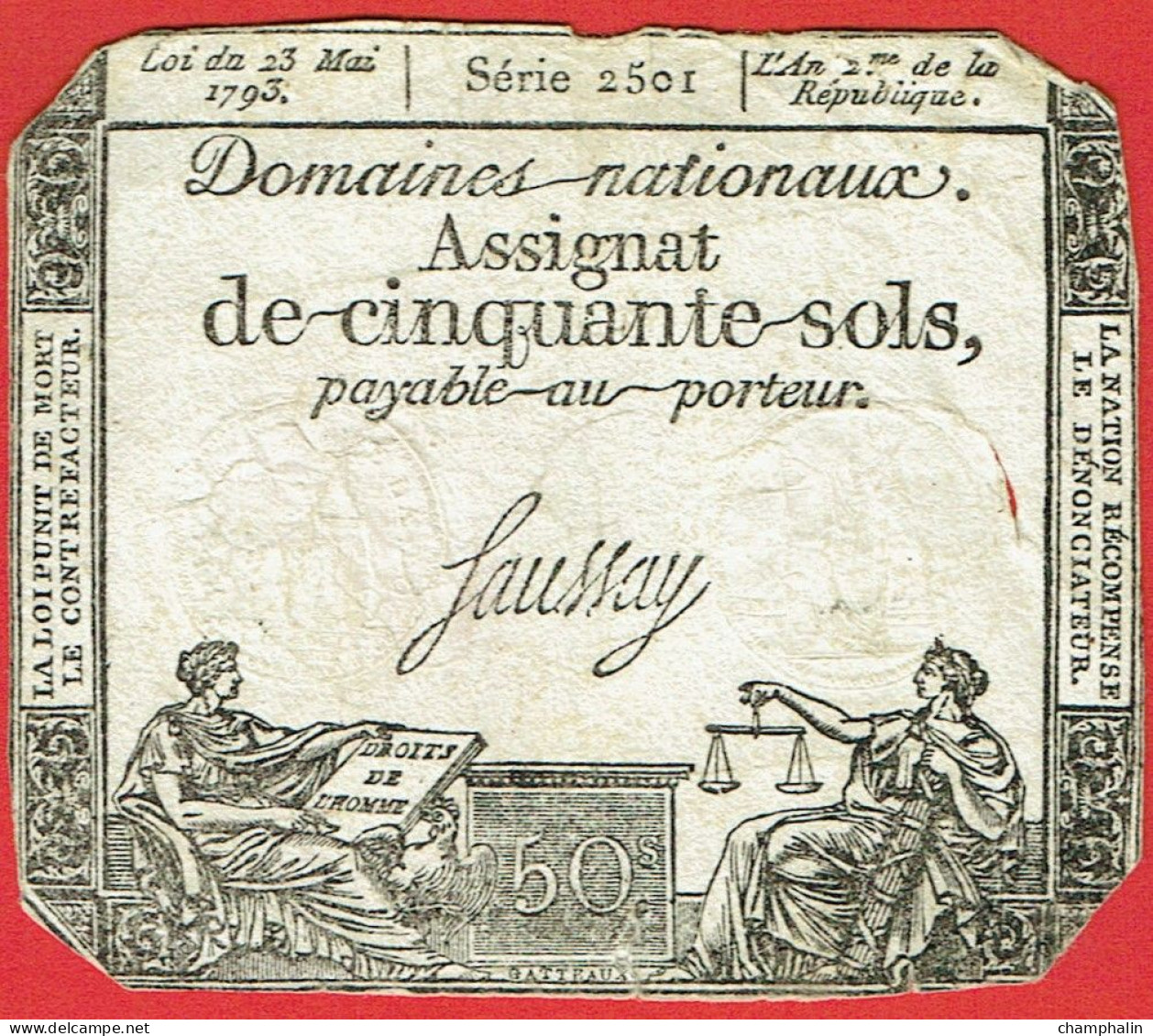 France - Assignat De 50 Sols - 23 Mai 1793 - Série 2501 - Signature Saussay - Assegnati