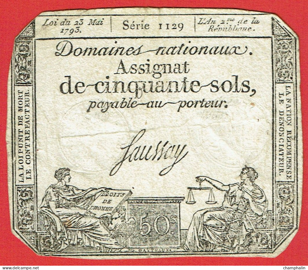 France - Assignat De 50 Sols - 23 Mai 1793 - Série 1129 - Signature Saussay - Assegnati