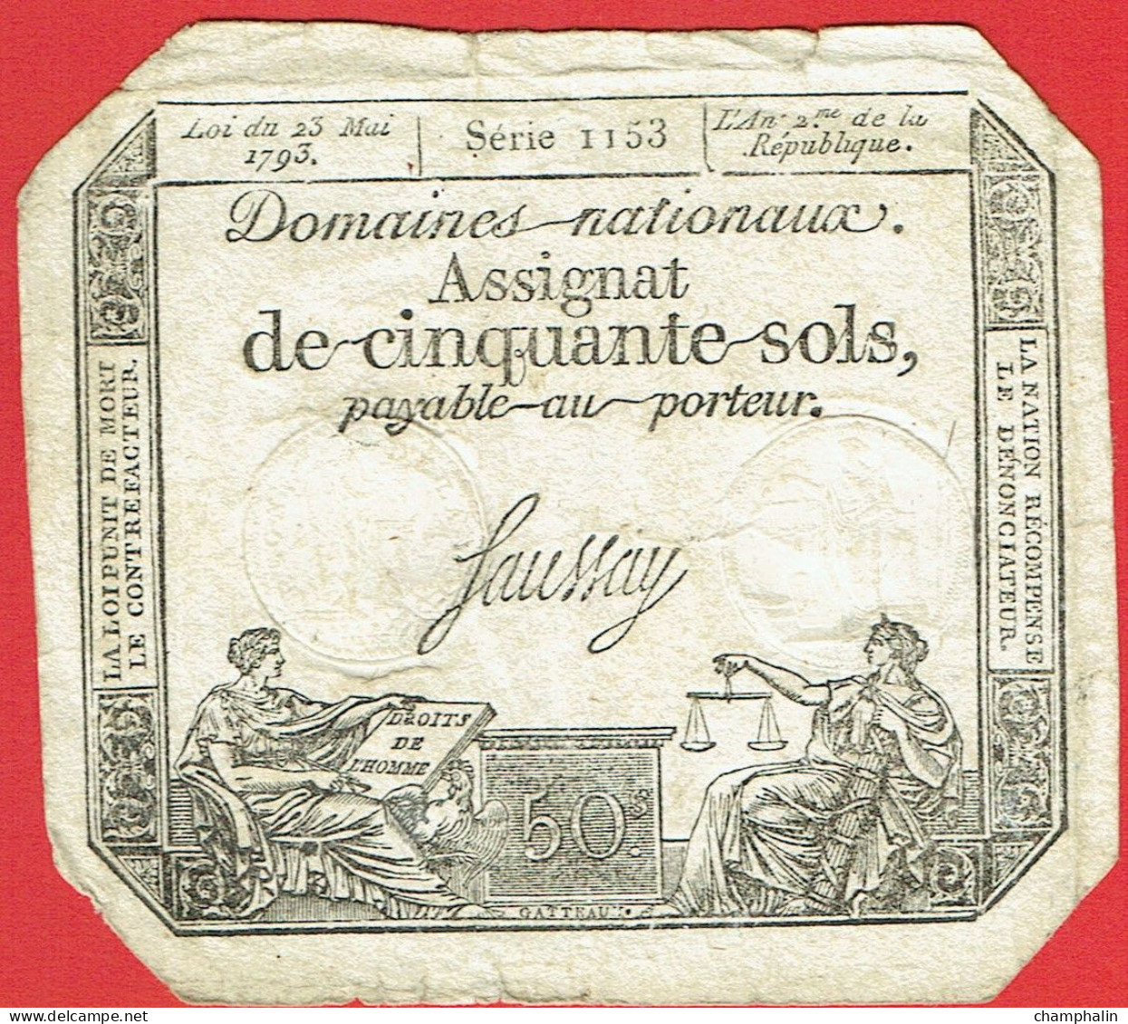 France - Assignat De 50 Sols - 23 Mai 1793 - Série 1153 - Signature Saussay - Assignate