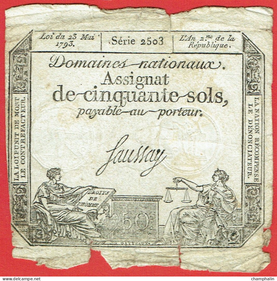 France - Assignat De 50 Sols - 23 Mai 1793 - Série 2503 - Signature Saussay - Assegnati