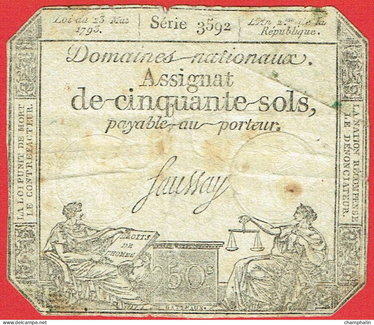 France - Assignat De 50 Sols - 23 Mai 1793 - Série 3592 - Signature Saussay - Assignats & Mandats Territoriaux