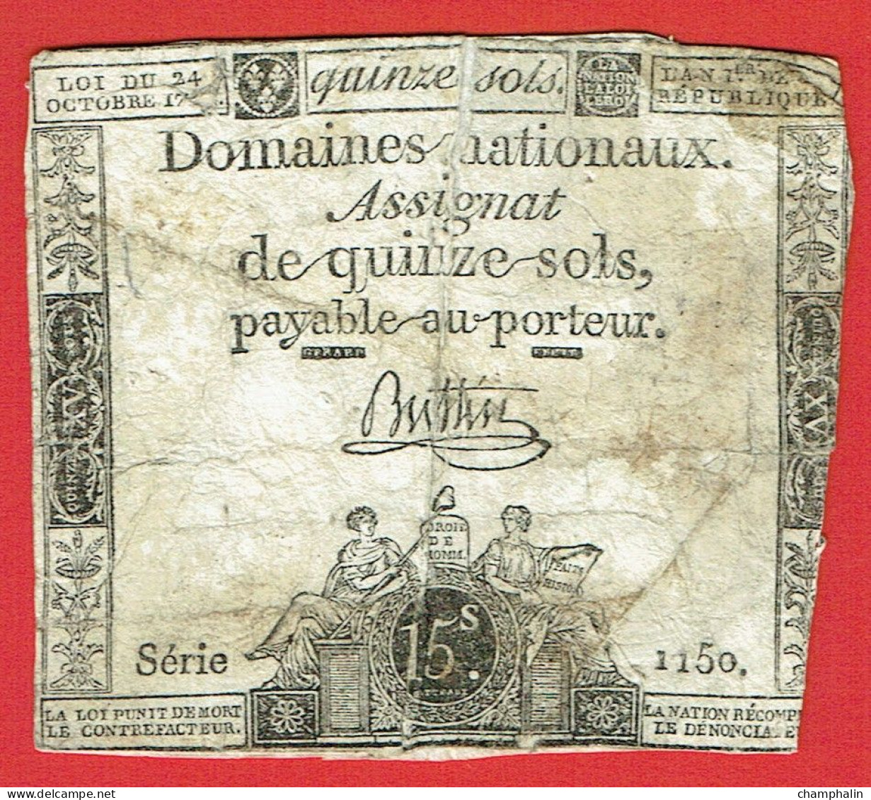 France - Assignat De 15 Sols - 24 Octobre 1792 - Série 1150 - Signature Buttin - Assegnati