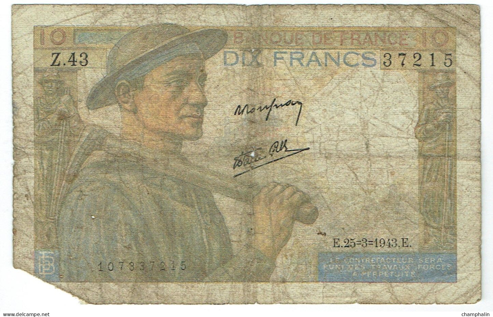 France - Billet De 10 Francs Type Mineur - 25 Mars 1943 - 10 F 1941-1949 ''Mineur''